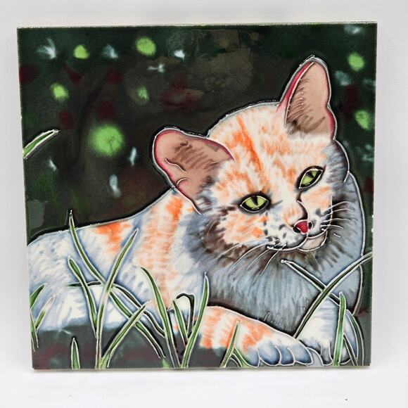 VTG Whimsical Orange Tabby Cat Handmade Ceramic Tile - Unique Cat Wall Art (8x8) - Picture 1 of 9